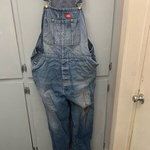 Men's Blue Denim Dickies Overalls.  Rip in left knee